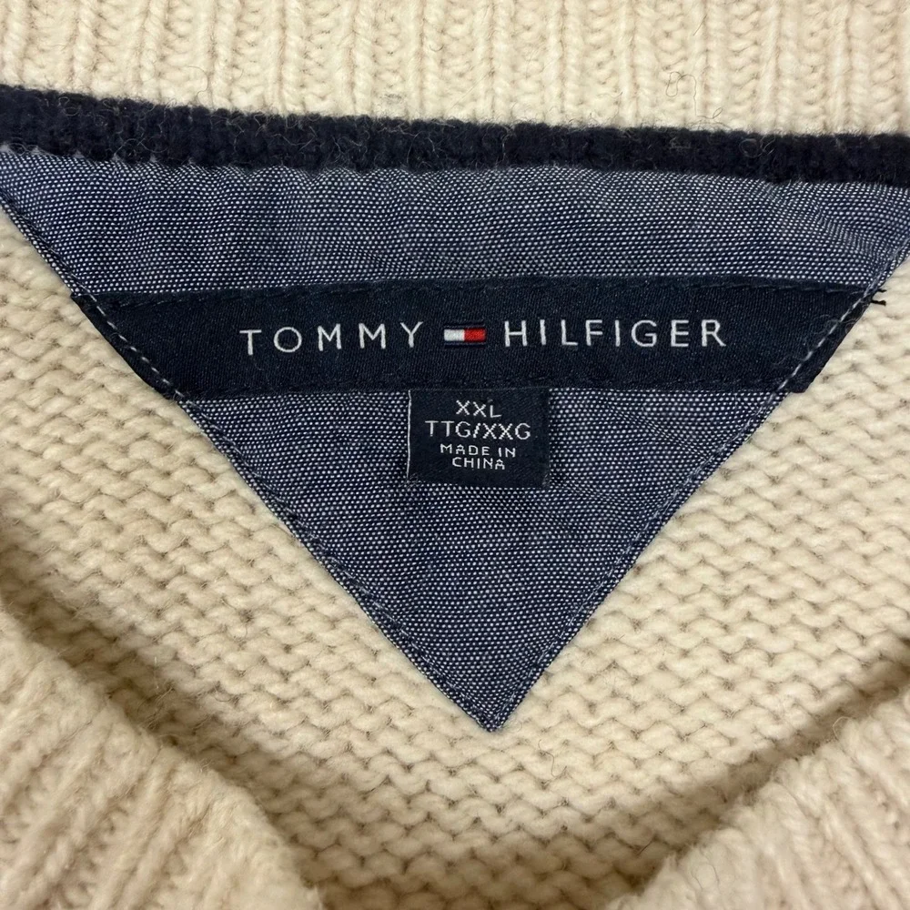 Tommy Hilfiger Mens XXL Lambs Wool Cream Navy Stripe Cable Knit Sweater Crewneck